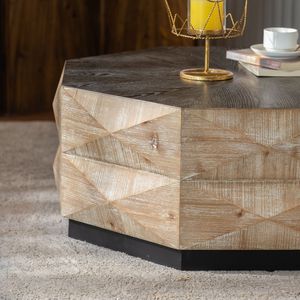 Tavolino da Caffè Ottagonale in Legno Stile Retrò da 38 Pollici con Motivo Tridimensionale in Rilievo, Tavolo da Cocktail Rustico Centrotavola - Product Image 4