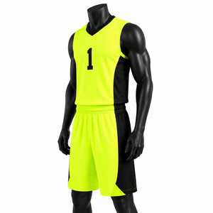 Ensemble de maillots de basket-ball personnalisés pour hommes Jaune néon Noir Col en V Manches courtes Sublimé Évacuation de l'humidité Coupe athlétique 100% polyester - Product Image 5