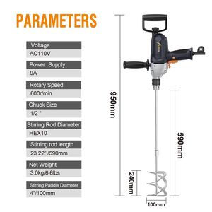 Trapano Miscelatore Elettrico con Cavo da 1/2 Pollice, Motore 9A, Set Miscelatore per Calcestruzzo e Fango con Impugnatura a Spade - Product Image 4