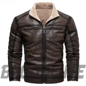 Chaqueta de Motociclista de Cuero PU Negra para Hombre, Cierre de Cremallera, Cuello Alto, Forro de Piel Sintética, Ropa Casual de Invierno - Product Image 6
