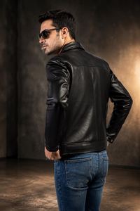 Chaqueta de Motociclista para Hombre, de Cuero de Oveja Negro, Impermeable, con Cuello Camisero, Cierre de Cremallera, Corte Ajustado, Manga Regular, para Invierno - Product Image 3