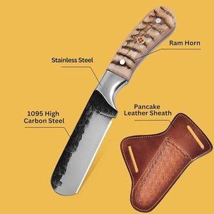 Cuchillo de vaquero fijo de acero de alto carbono 1095 hecho a mano de grado industrial OEM, con hoja recta tipo 'Sheepsfoot' y funda de cuero tipo 'Pancake', económico. - Product Image 2
