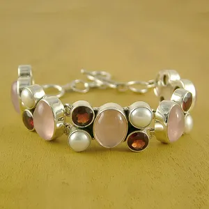 Bracelet en quartz rose, grenat et perles d'eau douce en argent 925, design classique à maillons, pour un usage quotidien féminin - Product Image 2
