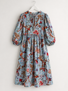 Indian Cotton Floral Print Midi Dress <b>V</b>-Neck with <b>string</b> Closer For Women, Summer Dress - Product Image 4