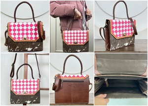 Sac à main en cuir de vachette à carreaux rose et blanc de style occidental pour femmes, sac à bandoulière à main avec poignée tressée - Product Image 3