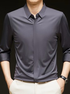Camisa de Vestir Satinada para Hombre, Corte Entallado, Manga Larga, Cuello Clásico, Color Sólido, Antiarrugas, Estilo Casual Elegante - Product Image 5