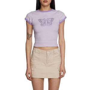 Factory Wholesale Fashion Custom Rhinestone Graphics Contrast Color O-Neck <b>Baby</b> <b>Tee</b> High Quality Women's Stretchy 100% Cotton - Product Image 1