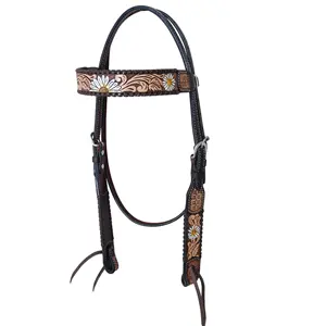 Hot Seller Flower Hand Carved Western Whip Stitched Cowhide Leather Headstall/ Western Bridle By Indian Exporters At Best Price