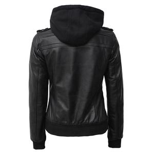 Veste de motard en cuir pour femmes, nouveau style de veste en cuir à capuche avec bombardier en peau de mouton noir - Product Image 6