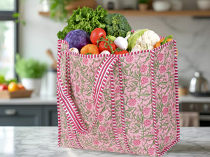 Bolsa de Mano Acolchada de Algodón Hecha a Mano, con Estampado Floral Rosa, Reversible, para Compras, para Mujer - Product Image 6