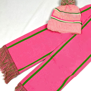 Ensemble Écharpe et Bonnet Premium AKA Longue en Tricot Épais Rose et Vert avec Franges, en Acrylique Doux, Accessoire d'Hiver Unisexe - Product Image 6