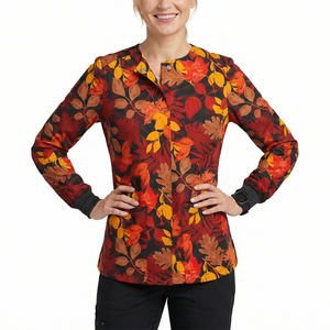 Blouse d'infirmière personnalisée à imprimé floral, veste de travail à boutons-pression, manches longues, pour personnel médical, spa, salon de beauté, vente en gros de blouses de travail - Product Image 3