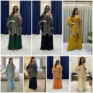 Ensemble trois pièces ethnique pour femme : kurta en faux georgette premium avec broderie à sequins, plazzo 35 pouces taille unique et shrug à pompons 40 pouces - Product Image 6