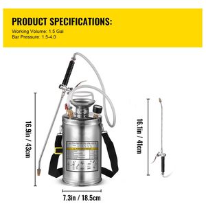 เครื่องพ่นยาแบบมือปั๊มสแตนเลสขนาด 1.5 แกลลอน พร้อมเกจวัดแรงดัน ด้ามจับยาว 16 นิ้ว และสายเสริมแรงยาว 3.3 ฟุต ชุดอุปกรณ์พ่นยา - Product Image 4