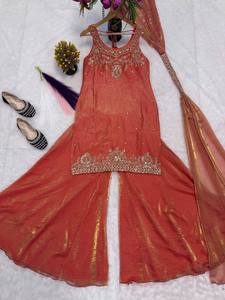 Exclusivo Conjunto de Kurti Sharara Gharara de Seda Azul India y Pakistaní, Tela Magnífica de Diseñador, Personalizable, Ropa Étnica para Bodas y Fiestas - Product Image 3
