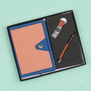 Elegante Set de Regalo Corporativo Aurelux en Azul Durazno con Cuaderno Encuadernado con Cubierta de Yute Premium de 192 Páginas, Impresión UV/Estampado en Foil Moderno - Product Image 5