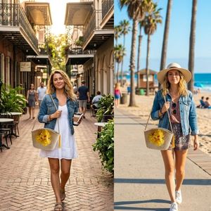 Sac à main bohème fait main en jacinthe d'eau, tissé avec fleur jaune et pompon, style plage estival - Product Image 4