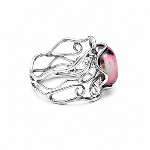 Bague en argent turquoise rose huître, pierre précieuse naturelle ronde, style cocktail vintage, bande ondulée, vente en gros - Product Image 4