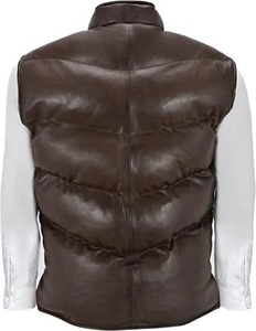 Men Chocolate Brown <b>Quilted</b> Puffer Genuine Leather Vest <b>Winter</b> Waistcoat - Product Image 4