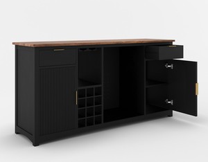 Meuble bar noir moderne avec rangement pour vin et refroidisseur intégré, dessus en bois, poignées en laiton, organisateur de boissons autoportant - Product Image 4