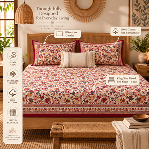 Parure de lit ajustée de luxe 3 pièces en coton pur bio 200TC, imprimée à la main style Jaipuri, motifs floraux, qualité supérieure, écologique, toutes saisons - Product Image 6