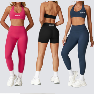 Ensemble de yoga uni pour femme, legging taille haute et crop top, sans couture, en Spandex et Polyester, 2 pièces, tenue de sport, col licou, fitness - Product Image 1