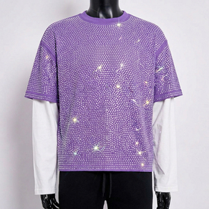 Camisetas de doble capa con pedrería para hombre, 100% poliéster y algodón, cuello redondo, 2 en 1, camisetas de manga corta con pedrería para hombre, camiseta de verano con pedrería. - Product Image 1