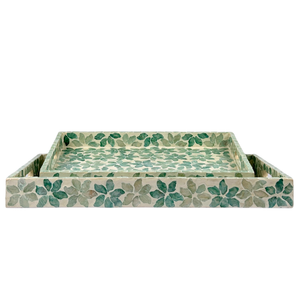 ชุดถาด MDF รูปทรงสี่เหลี่ยมผืนผ้า ลายใบไม้สีเขียวสไตล์วินเทจ งานฝีมือประดับเปลือกหอย ดีไซน์หรูหราสำหรับตกแต่งบ้าน - Product Image 3