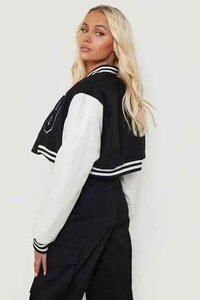 Chaqueta Varsity Corta Minimalista para Mujer, Chaqueta de Béisbol con Mangas en Contraste - Product Image 3