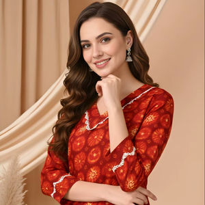 Conjunto de Kurta y Pantalón de Seda Delta con Estampado Gota Patti Rojo, Cuello en V, Corte Recto hasta la Pantorrilla, Traje Étnico para Mujer, Tallas S M L XXL - Product Image 1