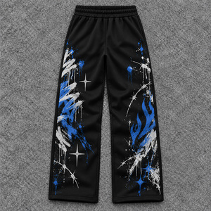 Pantalones anchos negros para mujer, cintura elástica, corte holgado, estampado de grafiti azul y blanco, pantalones estilo streetwear - Product Image 2
