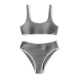 Women Ribbed Bikini <b>Set</b> <b>Square</b> Neck High Waist Solid Color Contrast Binding Swimwear Two Piece Spandex Polyester Stretch - Product Image 6