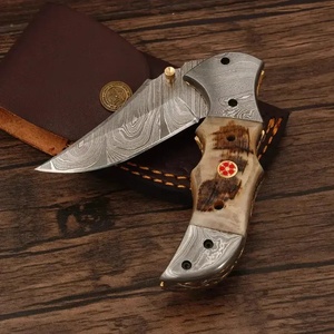 Pasha Enterprises Industrial Grade Damascus Folding Pocket Knife Ram Horn Handle Leather Sheath Customizable Blade Thickness - Product Image 1