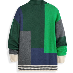 Cárdigan de Punto con Patrón Geométrico, Manga Larga, Cierre de Botón, Suéter Otoñal, Diseño de Bloques de Color Verde, Gris y Azul - Product Image 4