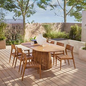 Conjunto de Mesa de Comedor de Madera de Teca Contemporánea para Exteriores con Seis Sillas para Patio y Jardín - Product Image 1