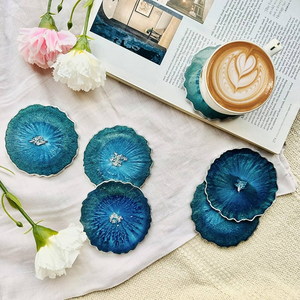 Customized Resin <b>Coaster</b> <b>Drink</b> Use Home Wedding Table sky Blue Color Gold Flak Glitter design Round Flower Resin Napkin Ring - Product Image 3