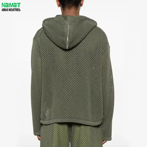 Veste décontractée à capuche en maille ouverte et ensemble streetwear léger en maille respirante, sweat à capuche tricoté décontracté d'été avec poches - Product Image 4