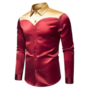 Men's Navy Blue Gold Color Blocked Satin <b>Dress</b> Shirt Full Sleeve Turn-down Collar Formal Style - Product Image 3