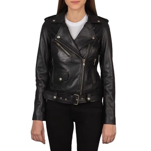Chaqueta de motorista de piel de oveja auténtica de alta calidad para mujer elegante largo negro XL otoño acolchado transpirable - Product Image 1