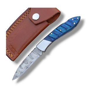 Couteaux pliants en acier de Damas avec étui en cuir, couteaux de poche portables EDC pour la chasse, le camping, la randonnée, la survie, les activités de plein air - Product Image 1