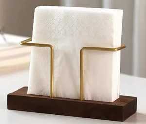 Wooden Napkin Holder With Rectangular Base Dual Gold Metal Supports Upright White Napkins Minimalist Dining <b>Table</b> Organizer - Product Image 1
