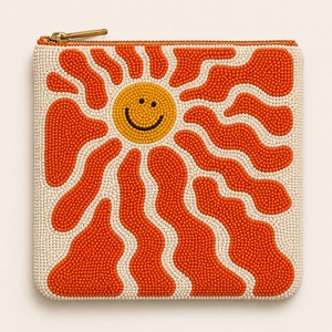 Pochette à monnaie perlée faite main élégante, mini portefeuille mignon, motif soleil bohème, fermeture éclair - Product Image 4