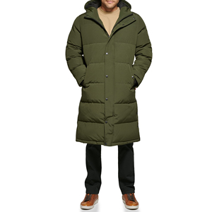 Men's Long Down Puffer Jacket With Hood Windproof Casual <b>Winter</b> <b>Coat</b> Olive Green <b>Thick</b> Polyester Shell Button Closure - Product Image 1