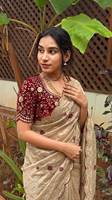 Sari indien traditionnel de créateur, broderie et sequins, pour femme, idéal pour mariage et fêtes, avec chemisier cousu, matériaux recyclés, tout inclus.