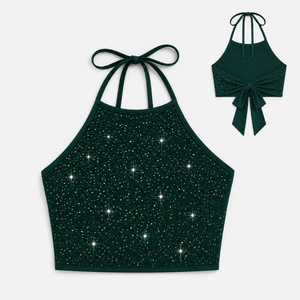 Custom All Over Emerald Rhinestone Halter Crop <b>Top</b> women's shirt Open Back Tie Sleeveless <b>Sparkly</b> Evening Party Tank <b>Top</b> Low MOQ - Product Image 4
