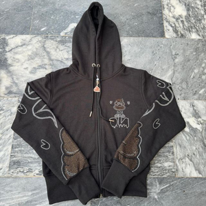 Sudadera con capucha para hombre 100% algodón, estilo urbano, con cremallera, bordado personalizado de pedrería negra, corte regular, estilo robusto, con bolsillo de forro polar - Product Image 1