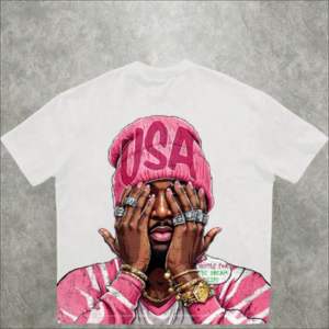 Camiseta de Algodón de Alta Calidad con Estampado Gráfico de Diamantes de Imitación, Lavado Ácido, Hombros Caídos, Estilo Urbano, Informal y a la Moda - Product Image 1