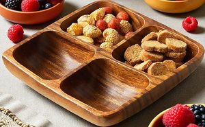 Plateau de service carré en bois de manguier de qualité supérieure à 5 sections pour les collations, les fruits secs, les apéritifs, les fêtes - Product Image 6