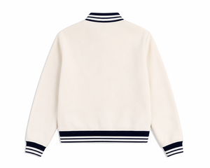Veste universitaire unisexe crème avec bordure marine, coupe classique, en polyester tricoté, style preppy, pour l'automne - Product Image 3