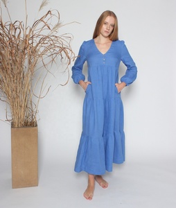 New Arrival Maternity Cotton V-neck Formal Maxi Tiered Kaftan <b>Dress</b> Long Sleeved Eco-Friendly in Cornflower Blue - Product Image 3